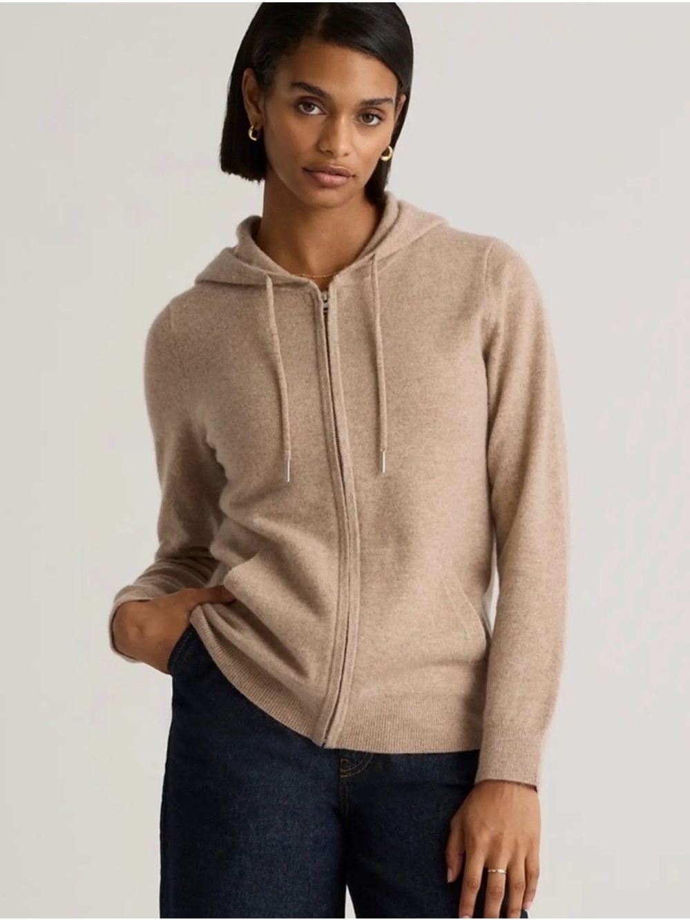 Quince Women's 100% Mongolian cashmere Zip Hoodie in Light Beige